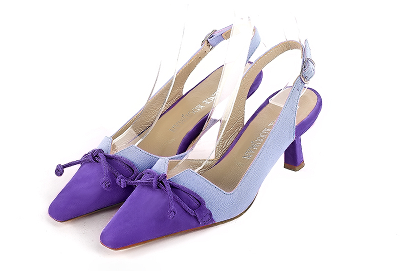 Violet purple women's open back shoes, with a knot. Tapered toe. Medium spool heels. Front view - Florence KOOIJMAN